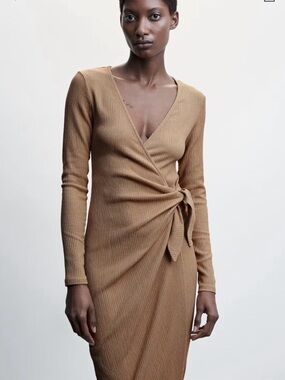 Mango Ribbed Wrap Midi Dress in Camel Brown